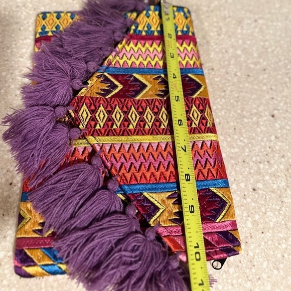 Ethnic Boho Large Clutch Suede Wristlet Bag Handmade Embroidery Tassels Indi NEW - Picture 12 of 16